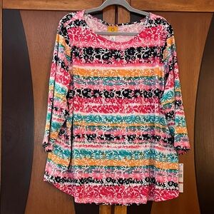 NWT Ruby Road Colorful Floral Striped Top w/Bateau Neckline & Long Sleeves